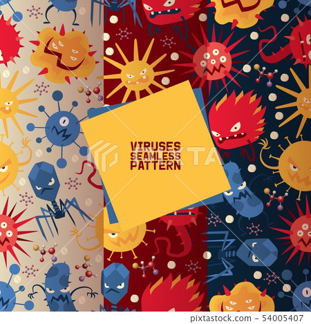 Viruses set of seamless patterns vector illustration. Microbes or collection of cartoon viruses. Bad Viruses set of seamless patterns vector illustration. Microbes or collection of cartoon viruses. Bad 54005407