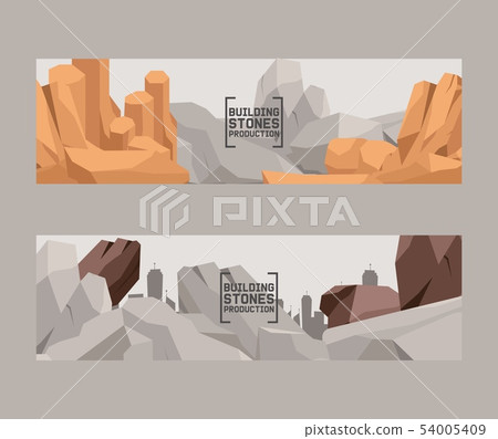 Building stones production cartoon flat set of banners. Stones and rocks in isometric 3d style Building stones production cartoon flat set of banners. Stones and rocks in isometric 3d style 54005409