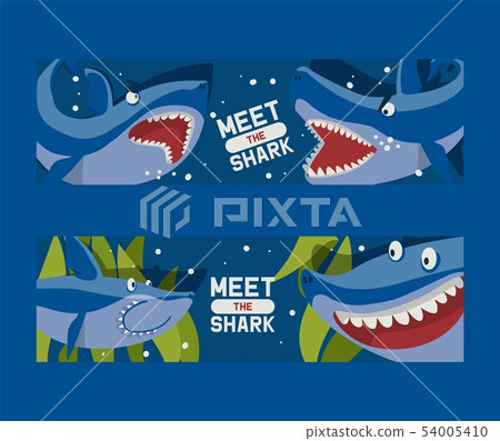 Meet big sharks set of banners vector illustration. Cartoon beautiful coral reef and fishes in blue Meet big sharks set of banners vector illustration. Cartoon beautiful coral reef and fishes in blue 54005410