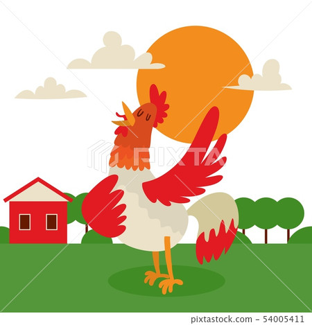 Rooster singing or performing song on country land background banner vector illustration. Farm cock Rooster singing or performing song on country land background banner vector illustration. Farm cock 54005411