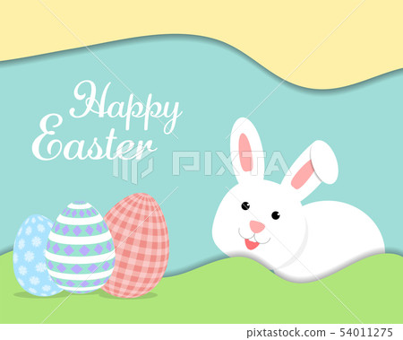 Happy Easter festival white rabbit and 3 eggs 54011275
