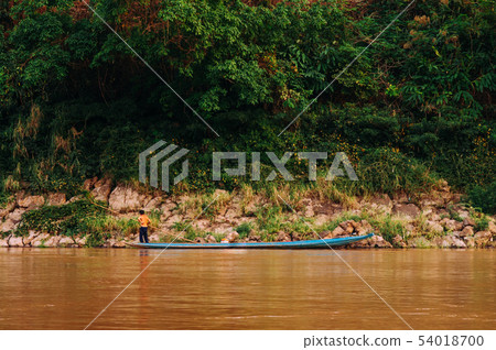 Rural scene Mae khong river local fisherman boat Rural scene Mae khong river local fisherman boat 54018700