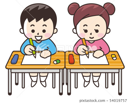 Primary school students and boys studying at a... - Stock Illustration ...