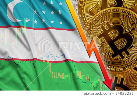 Uzbekistan flag and cryptocurrency falling trend 54022285