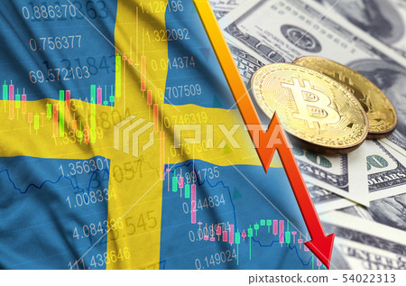 Sweden flag and cryptocurrency falling trend with Sweden flag and cryptocurrency falling trend with 54022313
