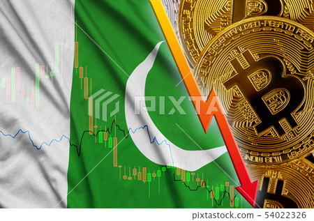 Pakistan flag and cryptocurrency falling trend Pakistan flag and cryptocurrency falling trend 54022326