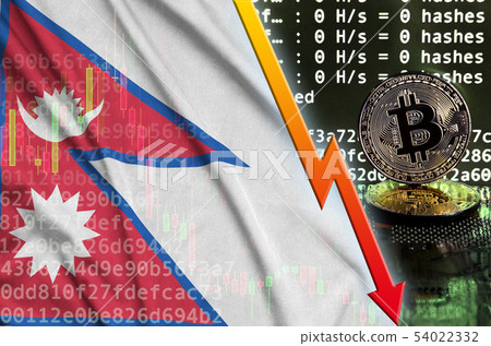 Nepal flag and falling red arrow on bitcoin mining Nepal flag and falling red arrow on bitcoin mining 54022332