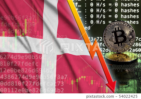 Denmark flag and falling red arrow on bitcoin Denmark flag and falling red arrow on bitcoin 54022425