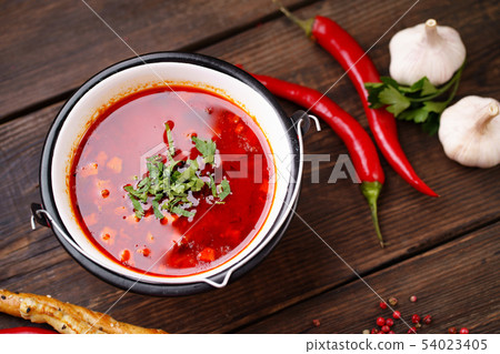 Hungarian goulash soup bogracs in metal bowl 54023405