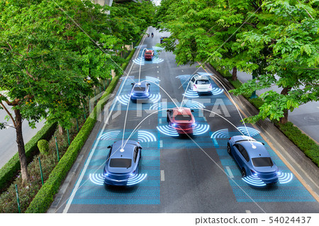 Smart cars with automatic sensor driving on road Smart cars with automatic sensor driving on road 54024437