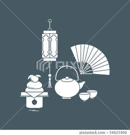 Chinese lantern, kettle, cups, fan, kagami mochi Chinese lantern, kettle, cups, fan, kagami mochi 54025908