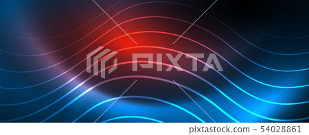 Trendy neon blue abstract design with waves and circles. Neon light glowing effect. Abstract digital 54028861