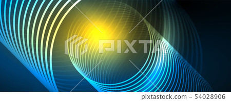 Trendy neon blue abstract design with waves and circles. Neon light glowing effect. Abstract digital Trendy neon blue abstract design with waves and circles. Neon light glowing effect. Abstract digital 54028906