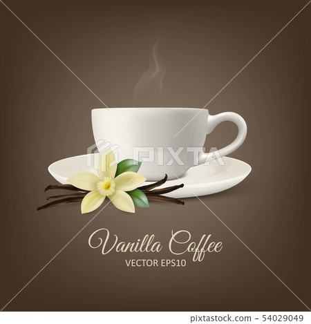 Vector Background with 3d Realistic Composition - White Cup of Coffee, Sweet Scented Fresh Vanilla Vector Background with 3d Realistic Composition - White Cup of Coffee, Sweet Scented Fresh Vanilla 54029049