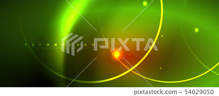 Bright neon circles and wave lines, glowing shiny background design template, digital techno concept Bright neon circles and wave lines, glowing shiny background design template, digital techno concept 54029050