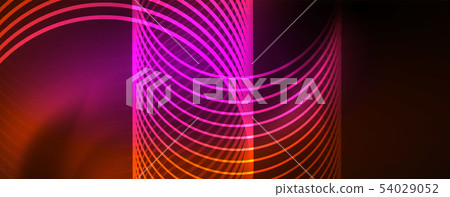 Bright neon circles and wave lines, glowing shiny background design template, digital techno concept Bright neon circles and wave lines, glowing shiny background design template, digital techno concept 54029052