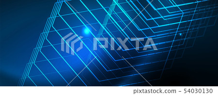 Neon glowing techno lines, hi-tech futuristic abstract background template, vector 54030130