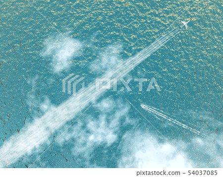 凝結尾跡,尾流和海洋的波光粼粼的風景1-概述CG-07 凝結尾跡,尾流和海洋的波光粼粼的風景1-概述CG-07 54037085