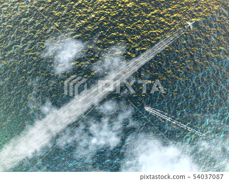 Sparkling landscape of contrails, wakes and sea 1-Overview CG-09 54037087