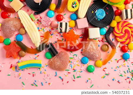 assortment of colourful lollipops, fruit bonbon, 54037231