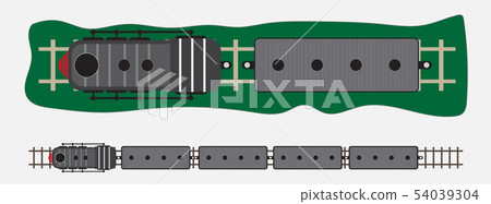 top view of steam locomotive and passenger train top view of steam locomotive and passenger train 54039304