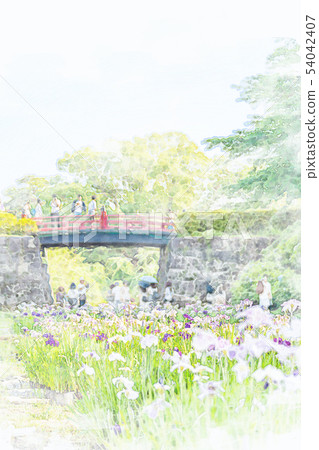 Watercolor Style Odawara Castle Ajisai Stock Illustration