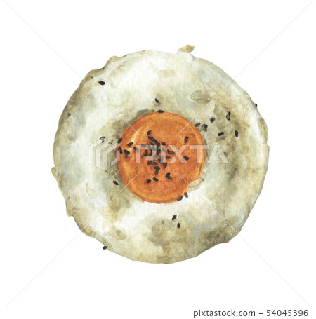 Raw egg and black sesame seeds on rice. Watercolor 54045396