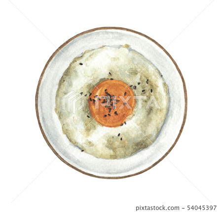 Raw egg and black sesame seeds on rice in a bowl. Raw egg and black sesame seeds on rice in a bowl. 54045397
