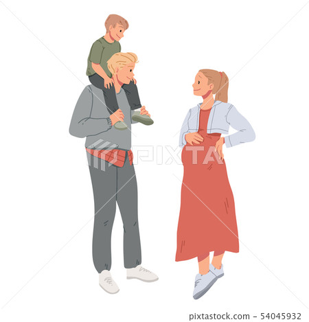 Family portrait. Young parents with kid. Pregnant woman and husband with son sitting on his 54045932