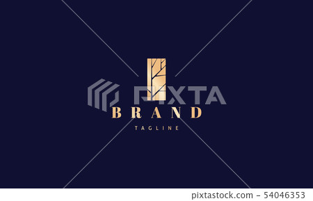 Vector logo with an abstract image of a tree cut out in a rectangle in gold color. 54046353