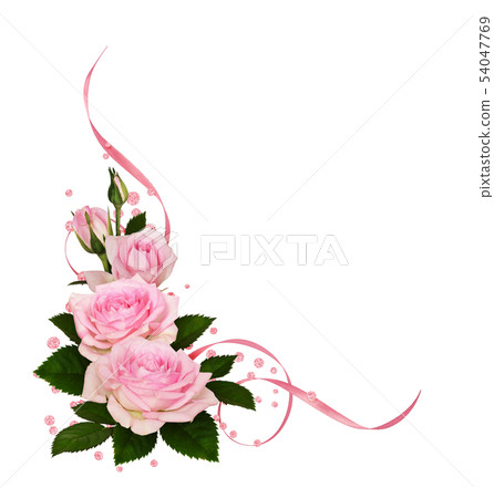 Pink rose flowers with green leaves and satin 54047769