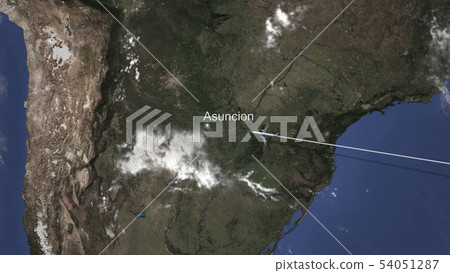 Route of a commercial plane flying to Asuncion, Paraguay on the map. 3D rendering  54051287
