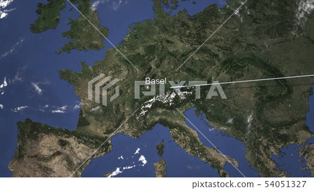Airplane flying to Basel, Switzerland from east. 3D rendering Airplane flying to Basel, Switzerland from east. 3D rendering 54051327