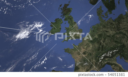 Airplane flying to Bristol, United Kingdom on the map. 3D rendering Airplane flying to Bristol, United Kingdom on the map. 3D rendering 54051381