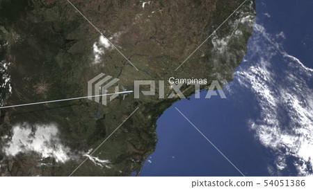 Route of a commercial plane flying to Campinas, Brazil on the map. 3D rendering Route of a commercial plane flying to Campinas, Brazil on the map. 3D rendering 54051386