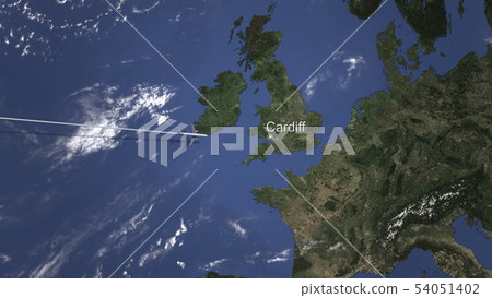 Plane arriving to Cardiff, United Kingdom from west, 3D rendering  54051402