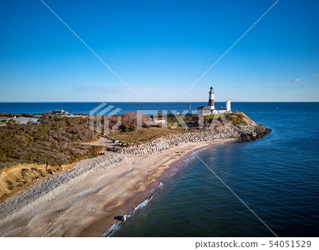 Montauk Lighthouse and beach aerial shot 54051529