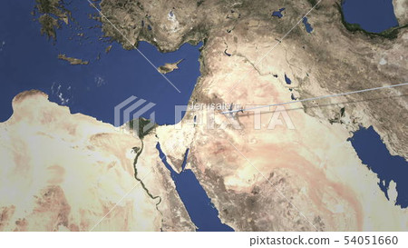 Route of a commercial plane flying to Jerusalem, Israel on the map. 3D rendering  54051660
