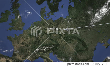 Route of a commercial plane flying to Leipzig, Germany on the map. 3D rendering  54051705