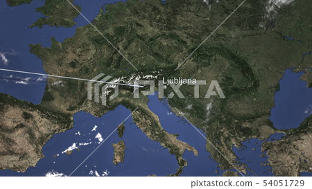 Airplane flying to Ljubljana, Slovenia on the map. 3D rendering Airplane flying to Ljubljana, Slovenia on the map. 3D rendering 54051729