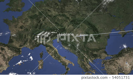 Plane flying to Ljubljana, Slovenia on the map. 3D rendering Plane flying to Ljubljana, Slovenia on the map. 3D rendering 54051731