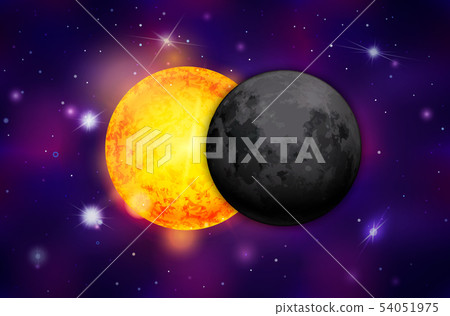 Realistic eclipse on colorful purple deep space background with bright stars and constellations 54051975