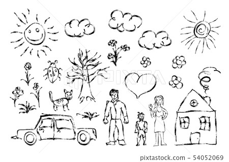 Cute child`s hand drawn objects like family, flowers, house, grass, tree, sun and cat on white 54052069