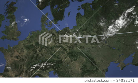 Commercial airplane flying to Poznan, Poland. 3D rendering  54052171