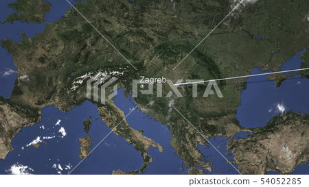Airplane flying to Zagreb, Croatia on the map. 3D rendering  54052285