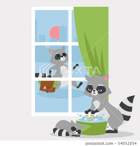 Raccon family poster, banner vector illustration. Cartoon mother washing clothes in bowl, small Raccon family poster, banner vector illustration. Cartoon mother washing clothes in bowl, small 54052854