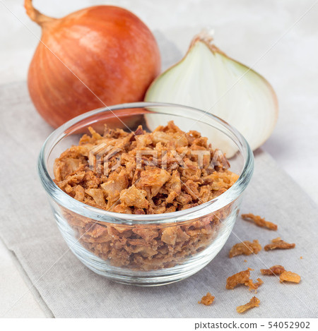 Fried onion in the glass, topping for hot dog 54052902