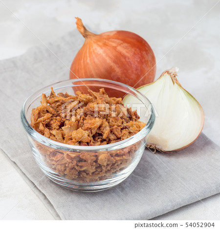 Fried onion in glass, topping for hot dog Fried onion in glass, topping for hot dog 54052904