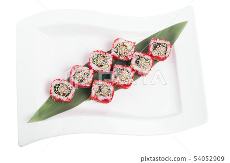 Sushi Roll with Red Flying Fish Roe. Sushi Roll with Red Flying Fish Roe. 54052909