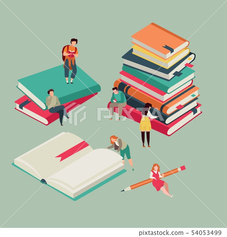 Book festival poster. Miniature of education books with reading young people. Library vector banner Book festival poster. Miniature of education books with reading young people. Library vector banner 54053499